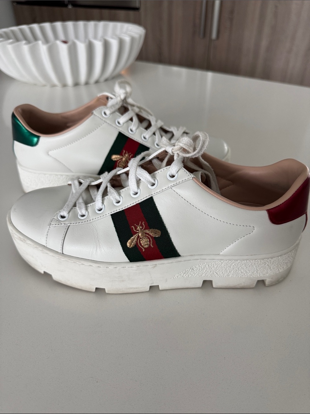 Gucci White Leather Sneakers with Green & Red Web and Gold Bee